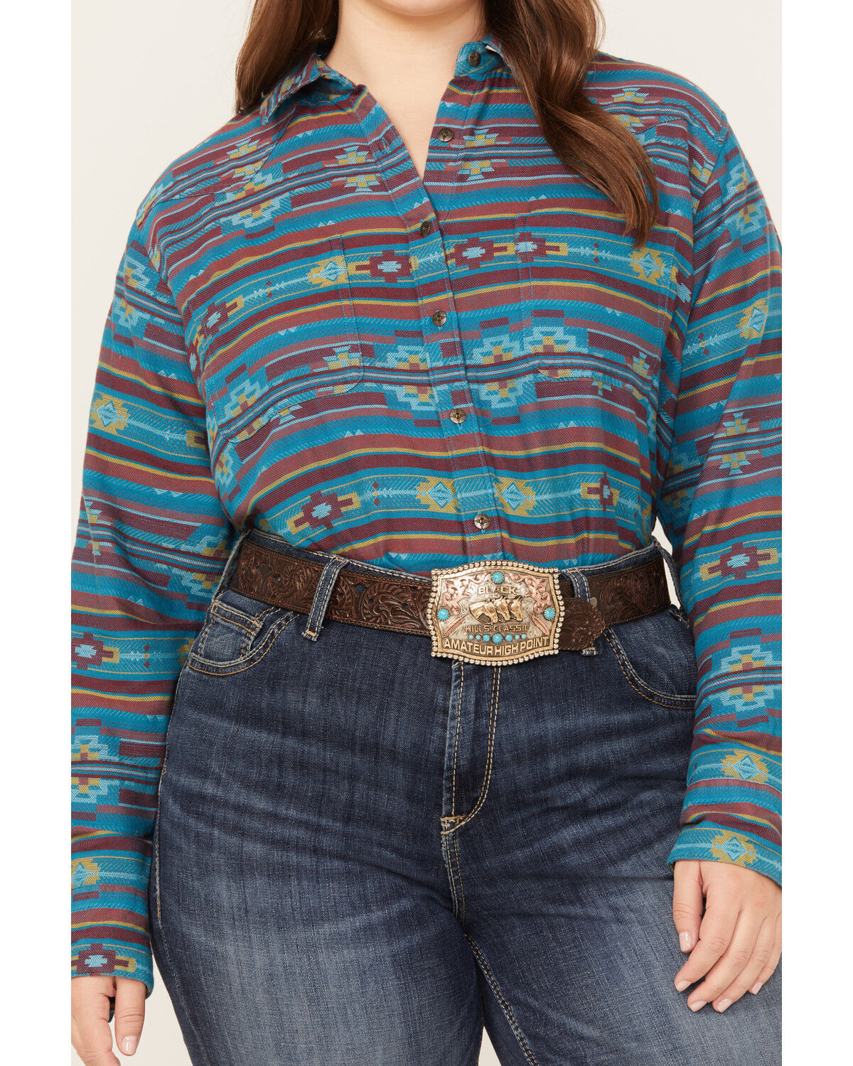 Image #3 - Ariat Women's Southwestern Print Billie Rae Long Sleeve Button Down Western Shirt - Plus, Teal, hi-res