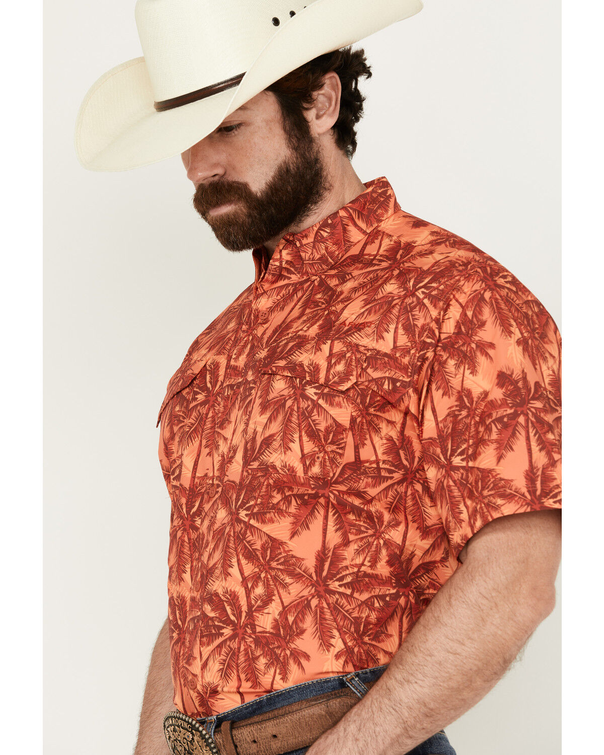 Image #2 - Ariat Men's VentTek Outbound Palm tree Print Short Sleeve Button-Down Performance Western Shirt, Dark Orange, hi-res