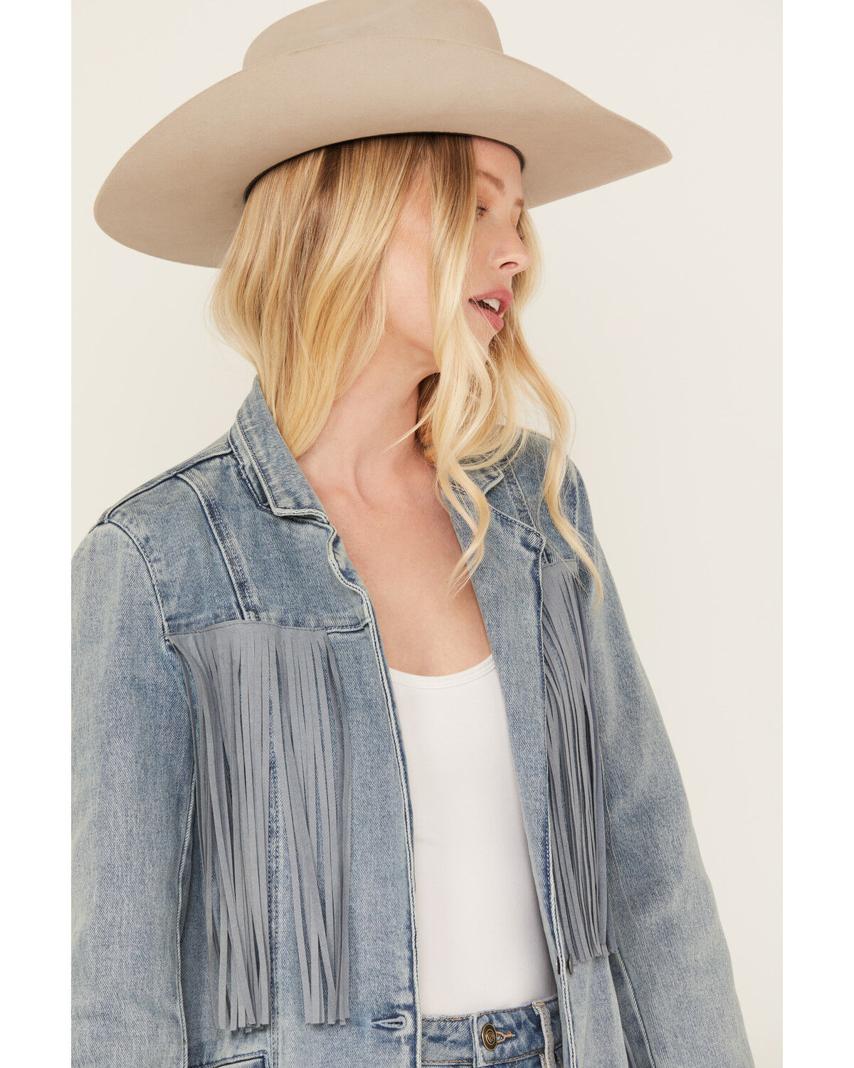 Image #2 - Rock & Roll Denim Women's Light Wash Denim Stretch Fringe Blazer, Light Wash, hi-res