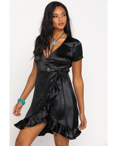 Luna Chix Women's Black Satin Surplice Wrap Dress, Black, hi-res