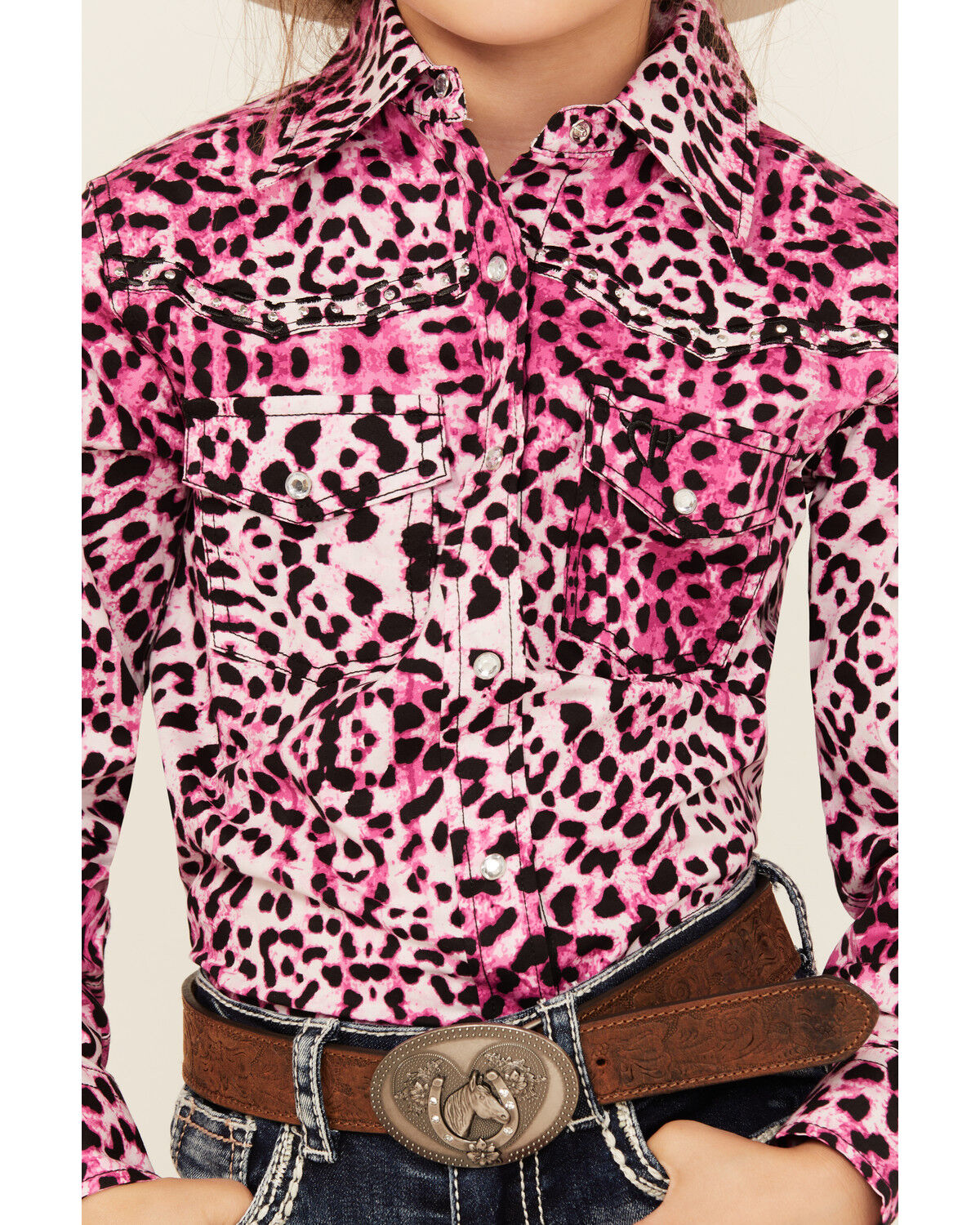 Image #3 - Cowgirl Hardware Girls' Leopard Print Long Sleeve Snap Western Shirt, Pink, hi-res