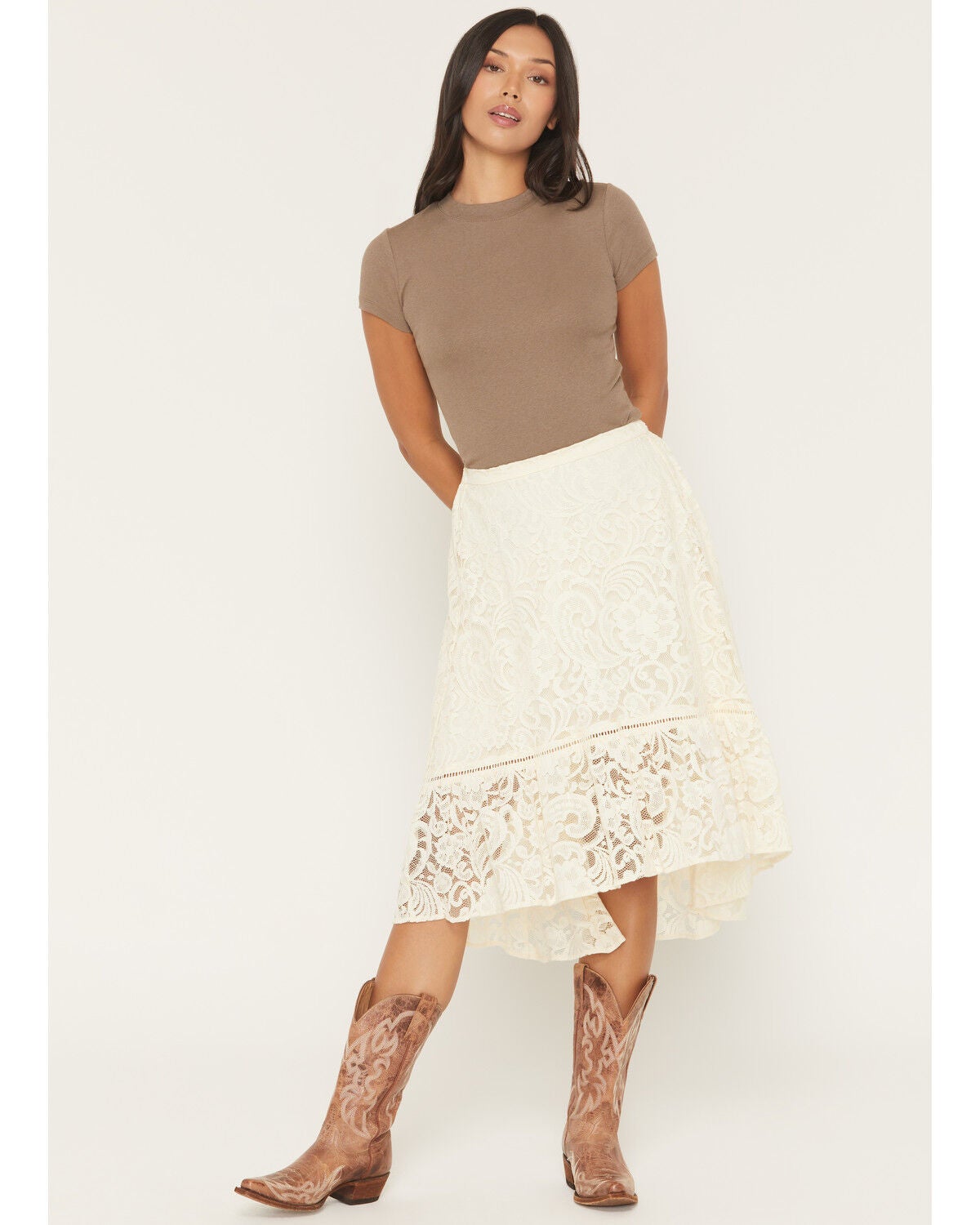 Shyanne Women's Snowberry Lace HIgh-Low Skirt, Cream, hi-res