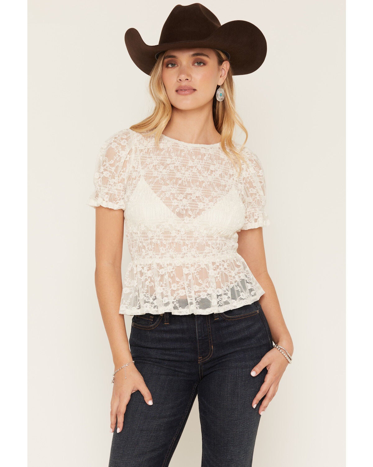 Image #1 - Ash & Violet Women's Ruching Lace Short Sleeve Tee, White, hi-res