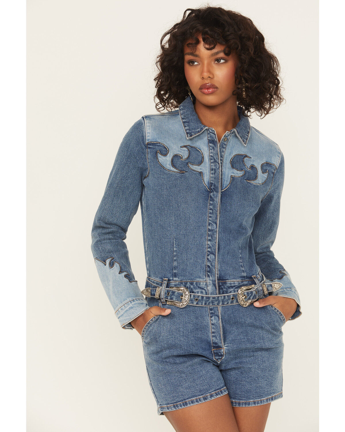 Image #1 - Rock & Roll Denim Women's Medium Wash Long Sleeve Snap Stretch Denim Romper, Medium Wash, hi-res