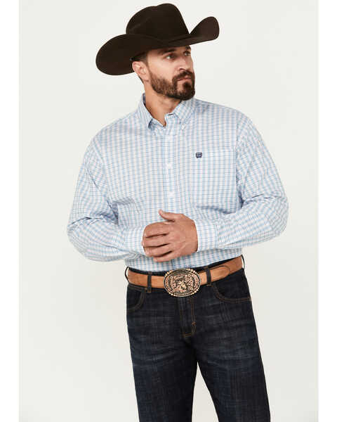 Cinch Men's Plaid Print Long Sleeve Button-Down Stretch Western Shirt , White, hi-res