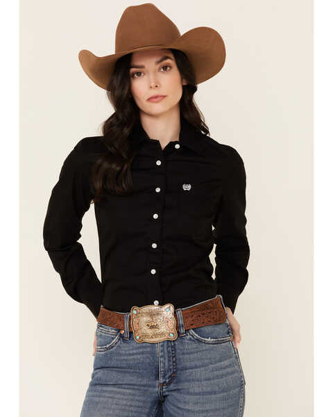 Image #1 - Cinch Women's Weave Pocket Long Sleeve Button Down Western Shirt, Black, hi-res