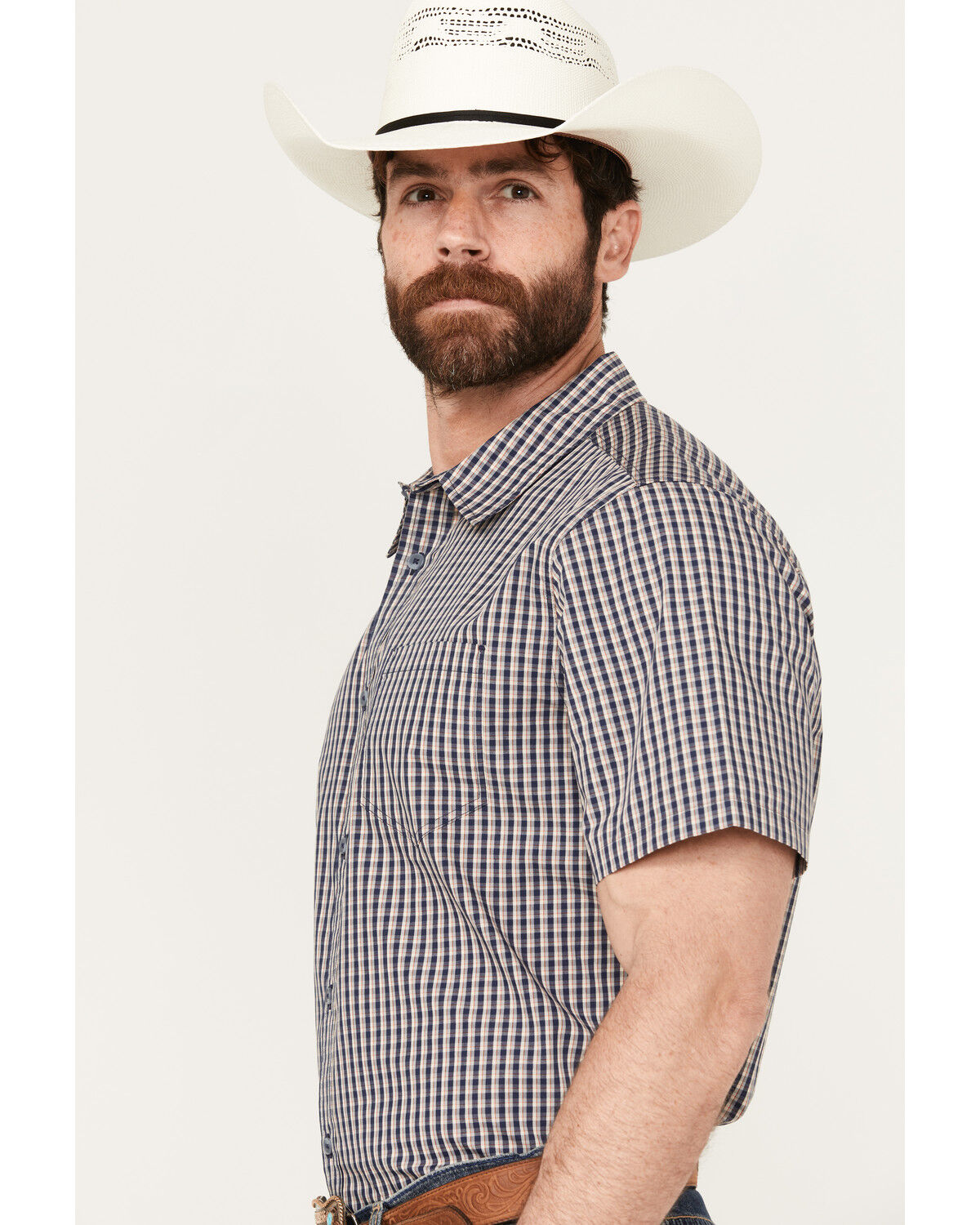 Image #2 - Gibson Men's Tempe Small Plaid Print Short Sleeve Button-Down Western Shirt, Navy, hi-res