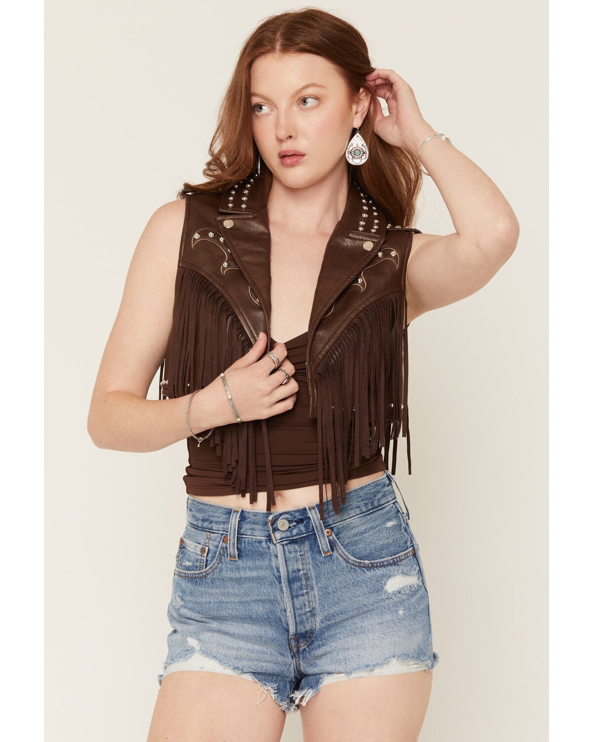 Image #1 - Azalea Wang Women's Reeceann Faux Leather Studded Fringe Cropped Vest, Brown, hi-res
