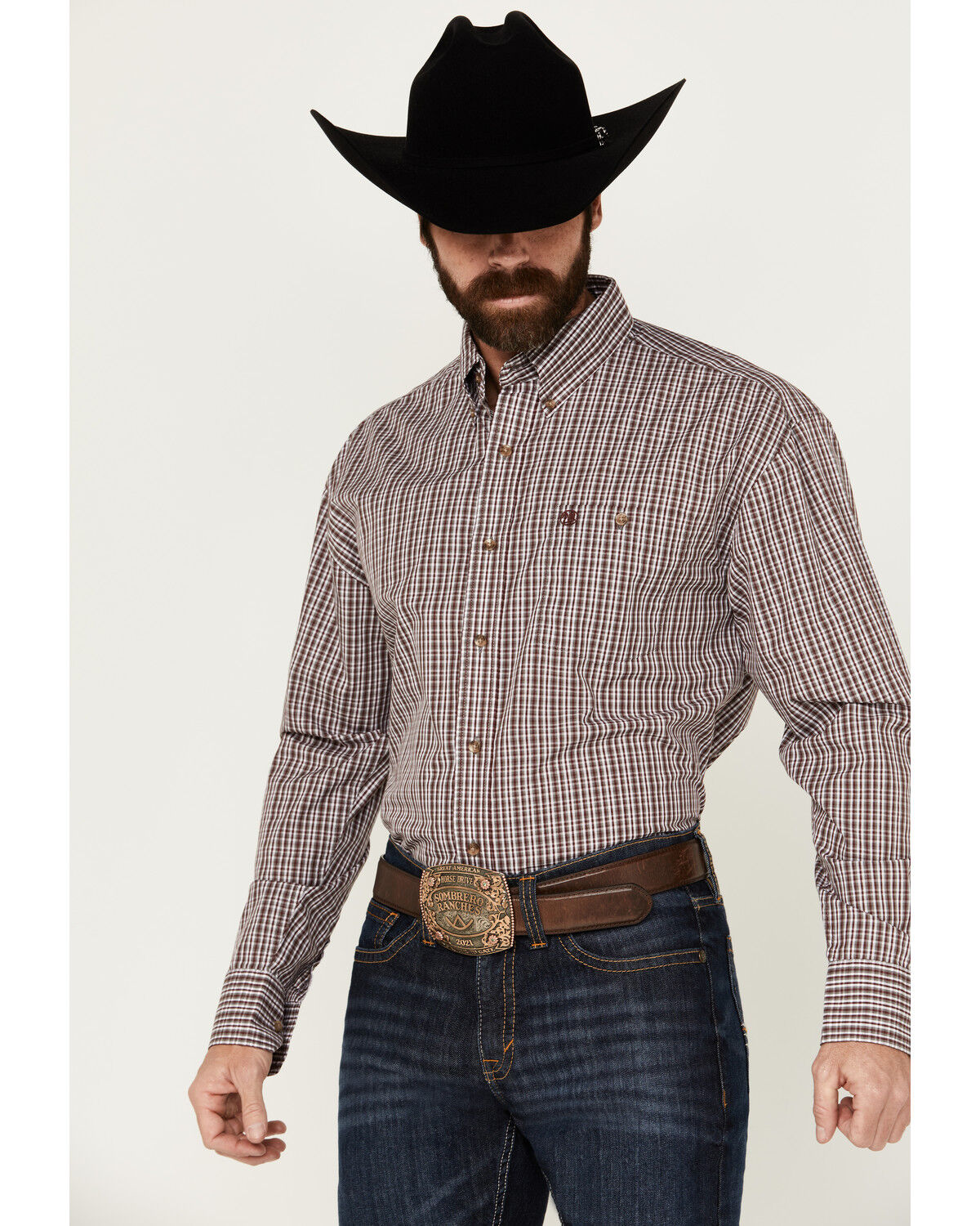 Image #1 - Wrangler Men's Classics Plaid Print Long Sleeve Button-Down Western Shirt - Tall, Burgundy, hi-res