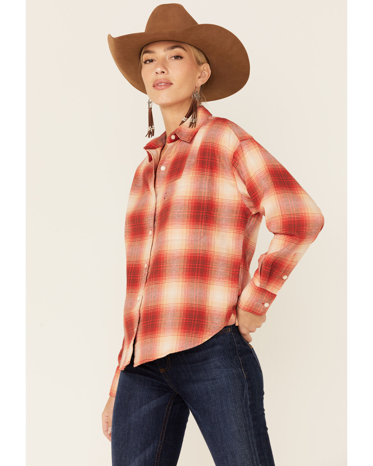 Image #1 - Levi's Women's Scarlet Flame Plaid Print Long Sleeve Button Down Western Flannel Shirt, Red, hi-res