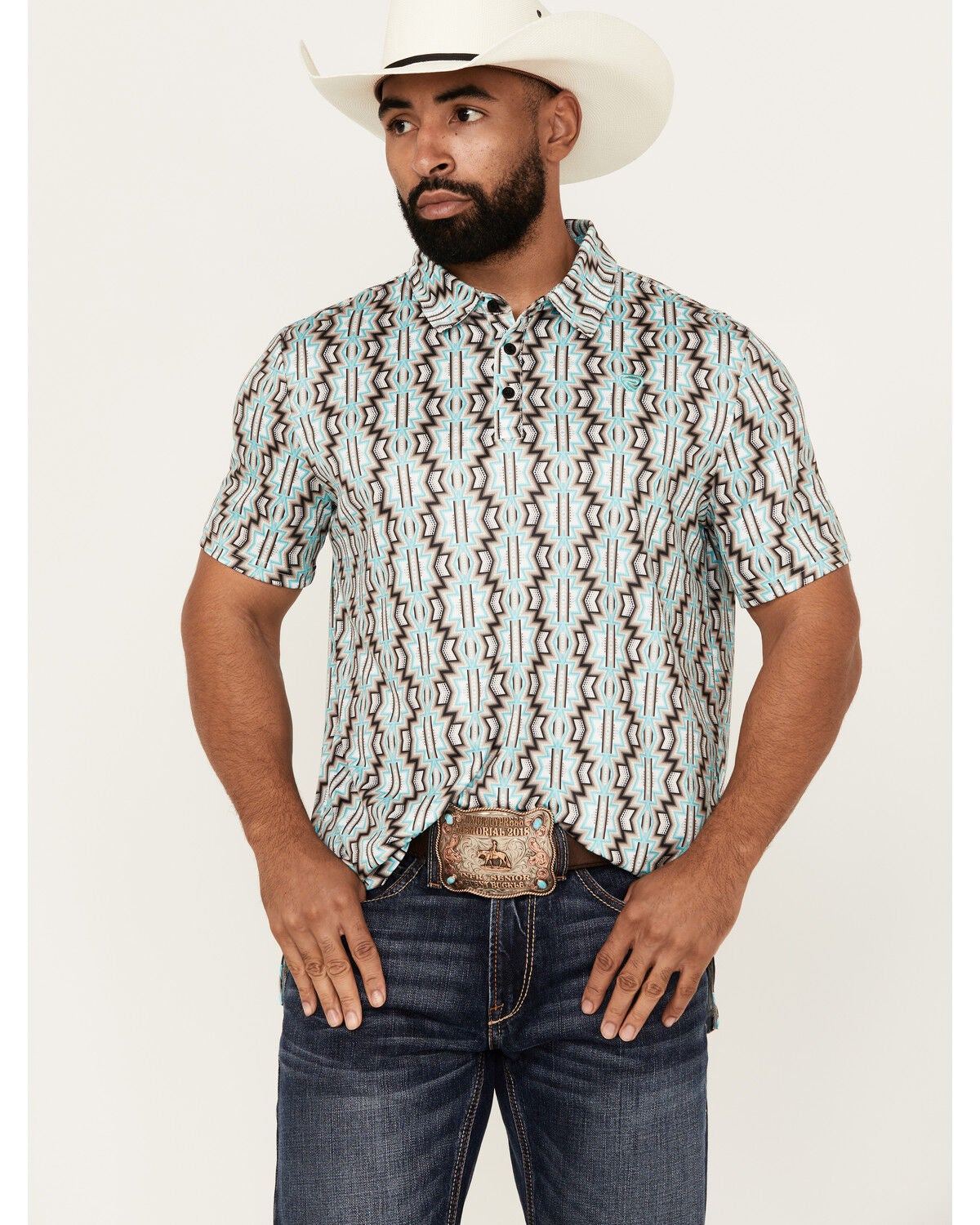 Image #1 - Rock & Roll Denim Men's Southwestern Print Short Sleeve Polo Shirt, Natural, hi-res