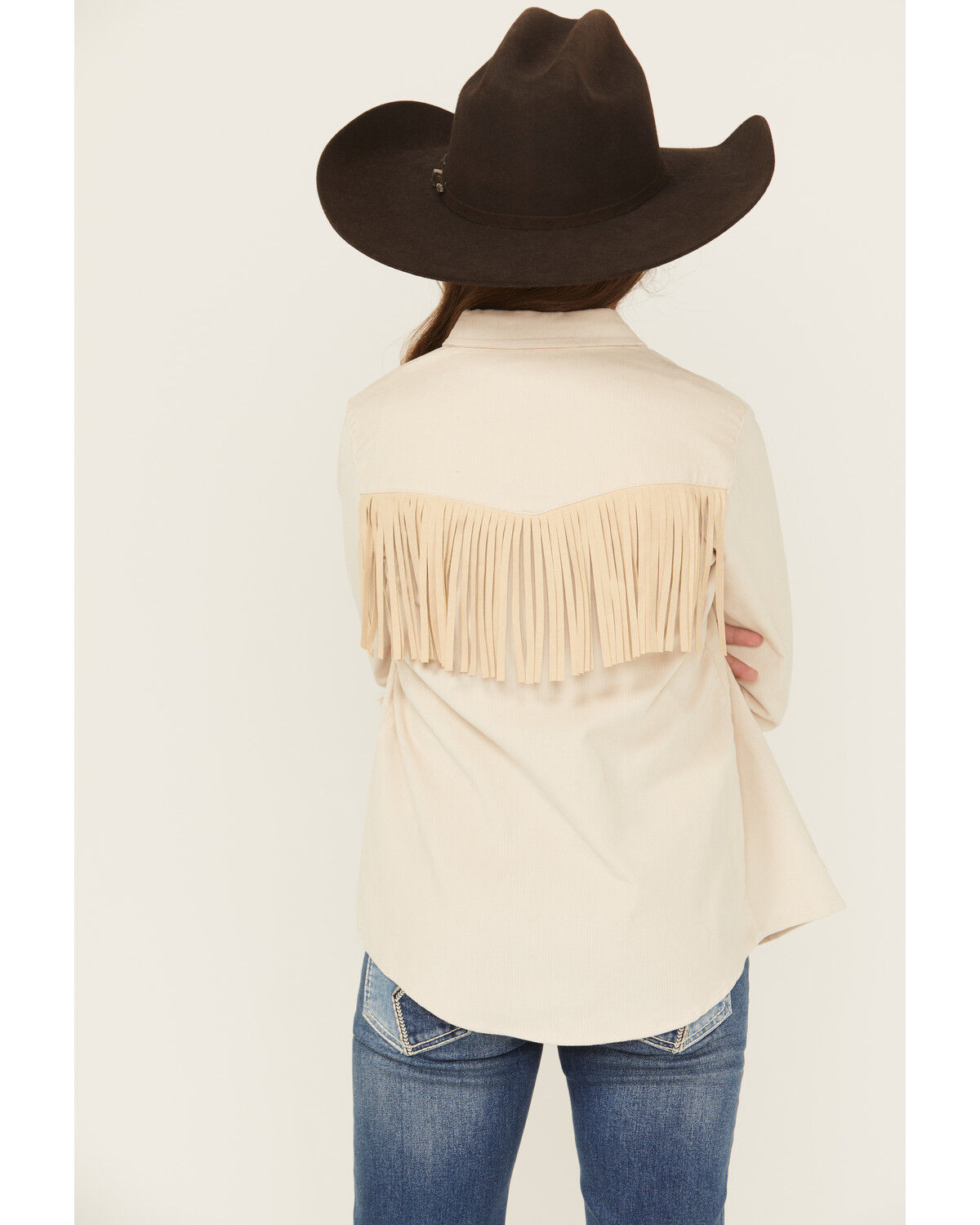 Image #4 - Shyanne Girls' Fringe Corduroy Long Sleeve Snap Western Shirt, Natural, hi-res