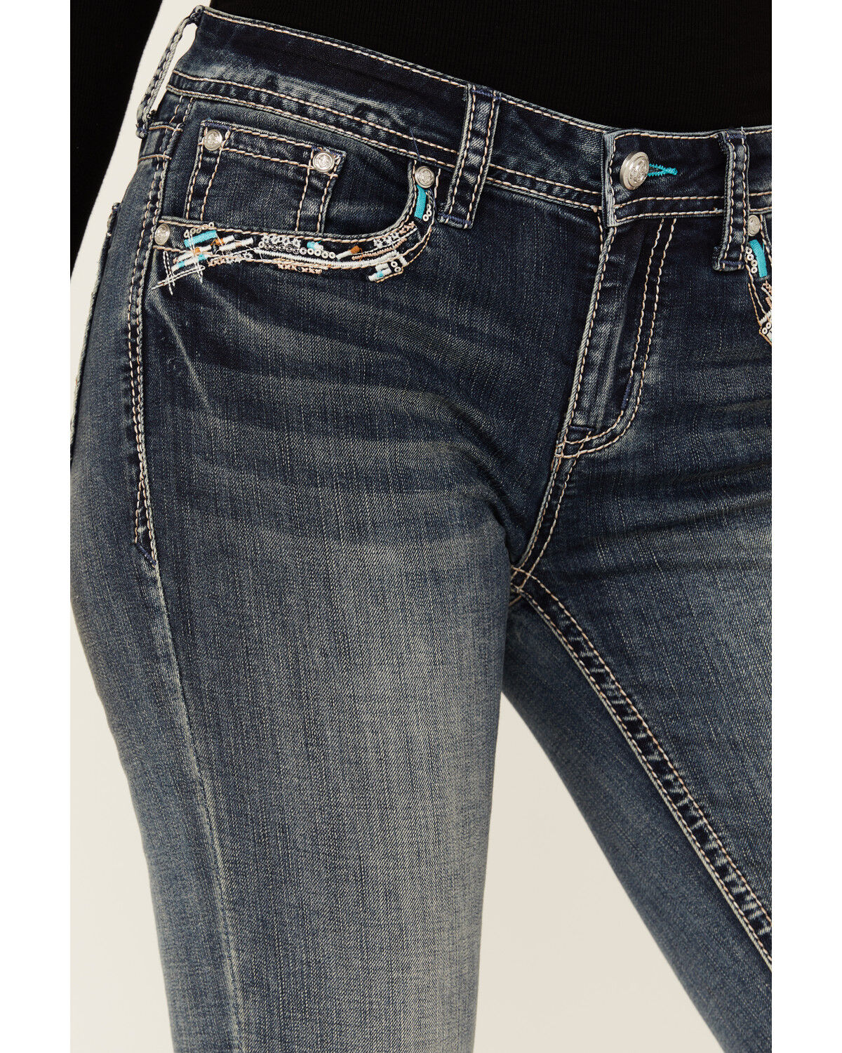 Image #4 - Grace in LA Women's Medium Wash Mid Rise Southwestern Print Pocket Stretch Bootcut Jeans, Medium Wash, hi-res