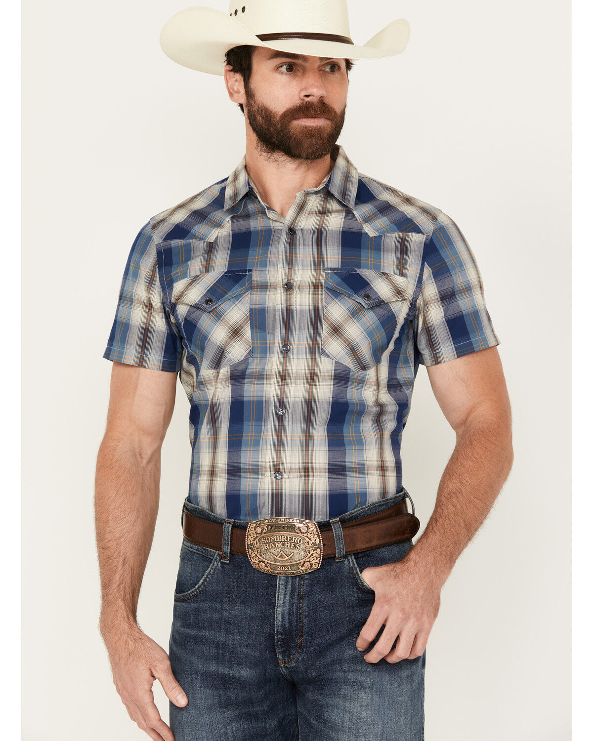 Image #1 - Pendleton Men's Frontier Plaid Print Short Sleeve Snap Western Shirt, Blue, hi-res