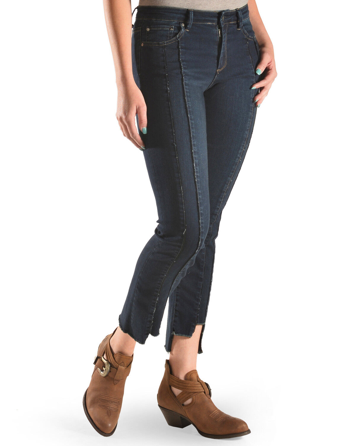 Image #4 - Tractr Women's Front Fray Panel Step Hem Jeans, Indigo, hi-res