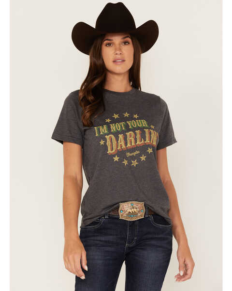 Image #1 - Wrangler Women's I'm Not Your Darlin' Star Logo Short Sleeve Graphic Tee, Charcoal, hi-res