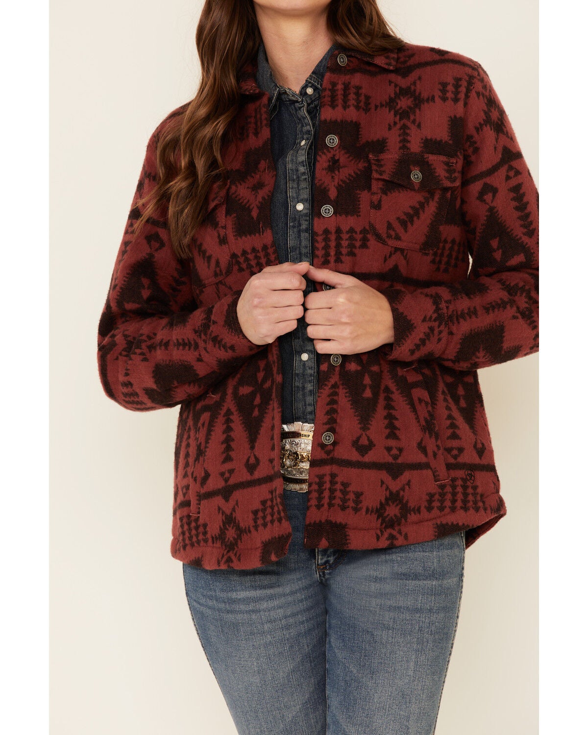 Image #3 - Ariat Women's R.E.A.L. Marsala Southwestern Print Shirt Jacket, Burgundy, hi-res