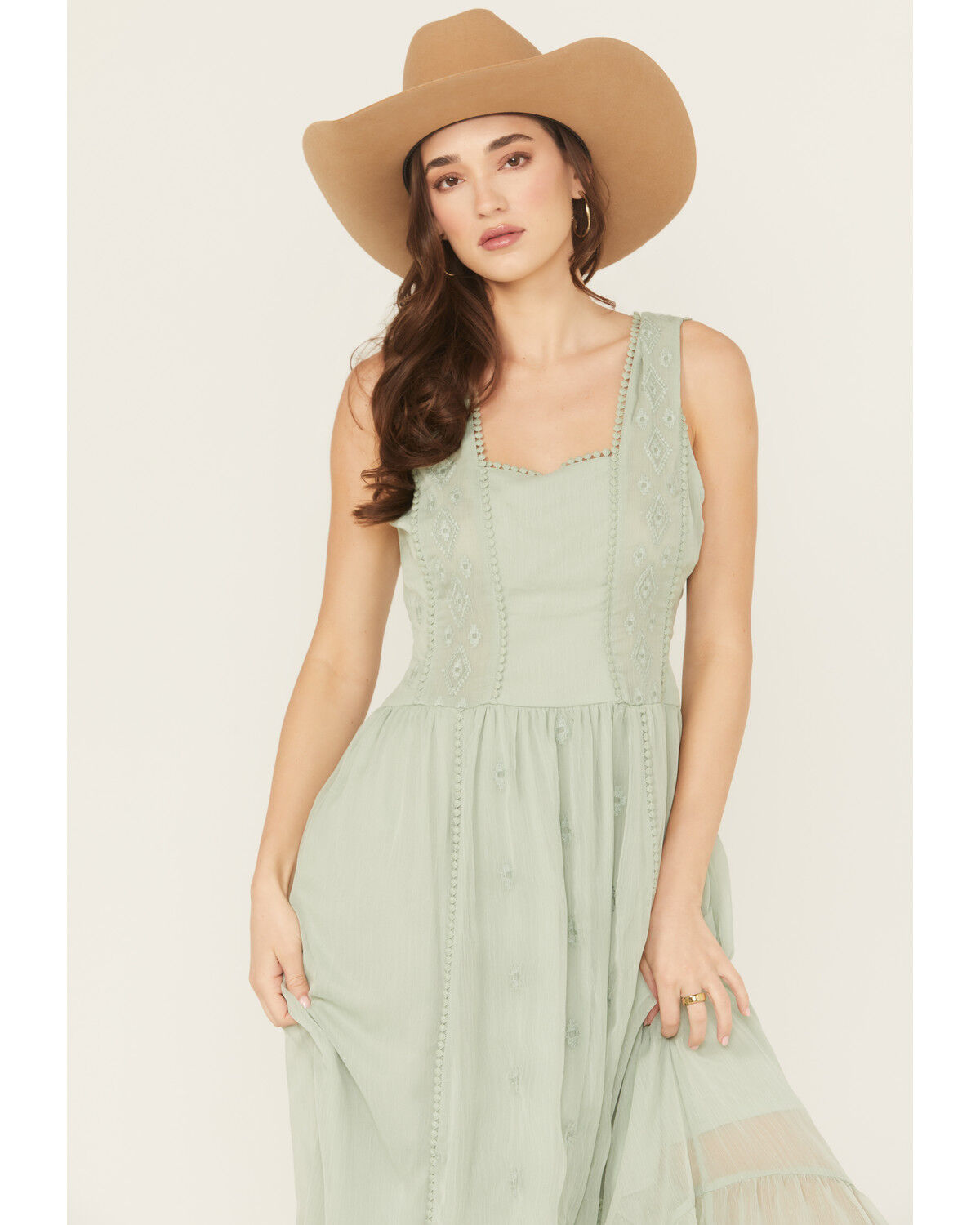 Image #3 - Panhandle Women's Chiffon Embroidered Sleeveless Midi Dress, Sage, hi-res