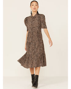 Very J Women's Short Sleeve Brown Leopard Midi Shirt Dress, Brown, hi-res