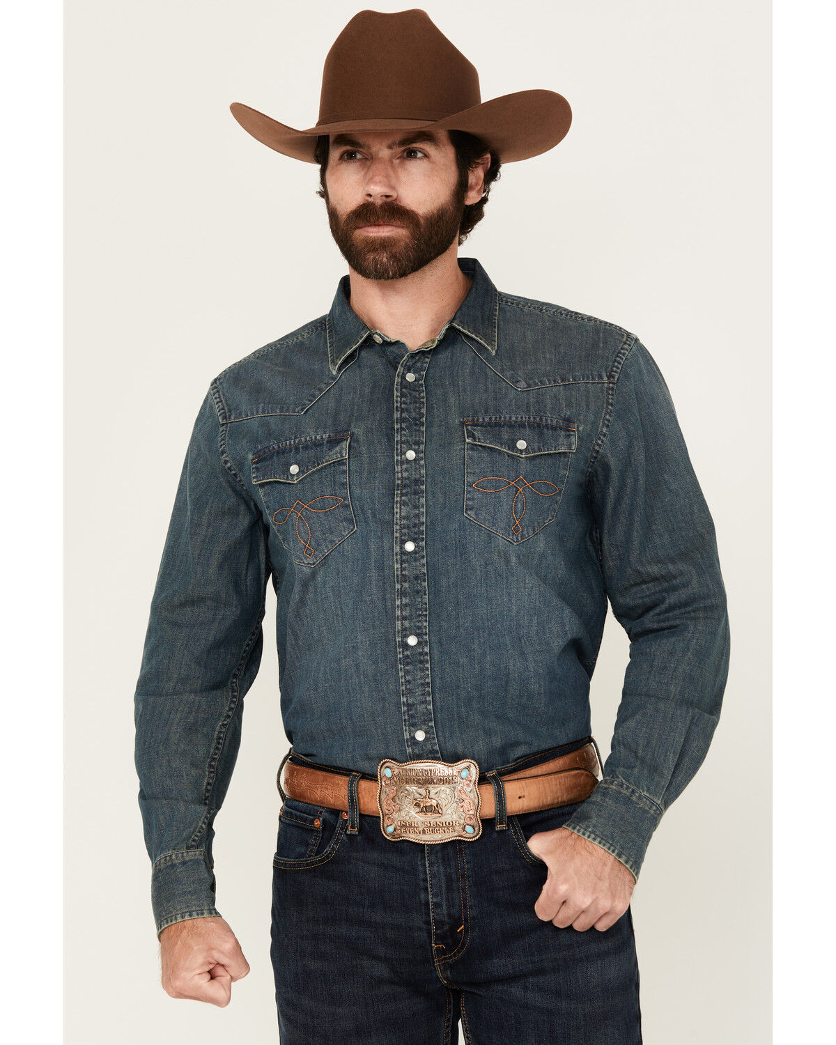 Image #1 - Cody James Men's Medium Wash Denim Long Sleeve Pearl Snap Western Shirt - Tall, Medium Wash, hi-res