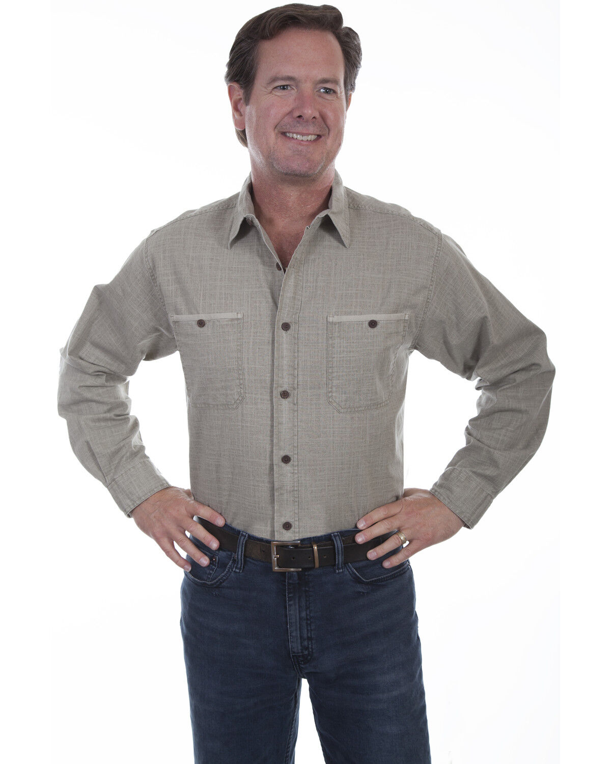 Image #1 - Scully Men's Vintage Slub Long Sleeve Shirt, Brown, hi-res