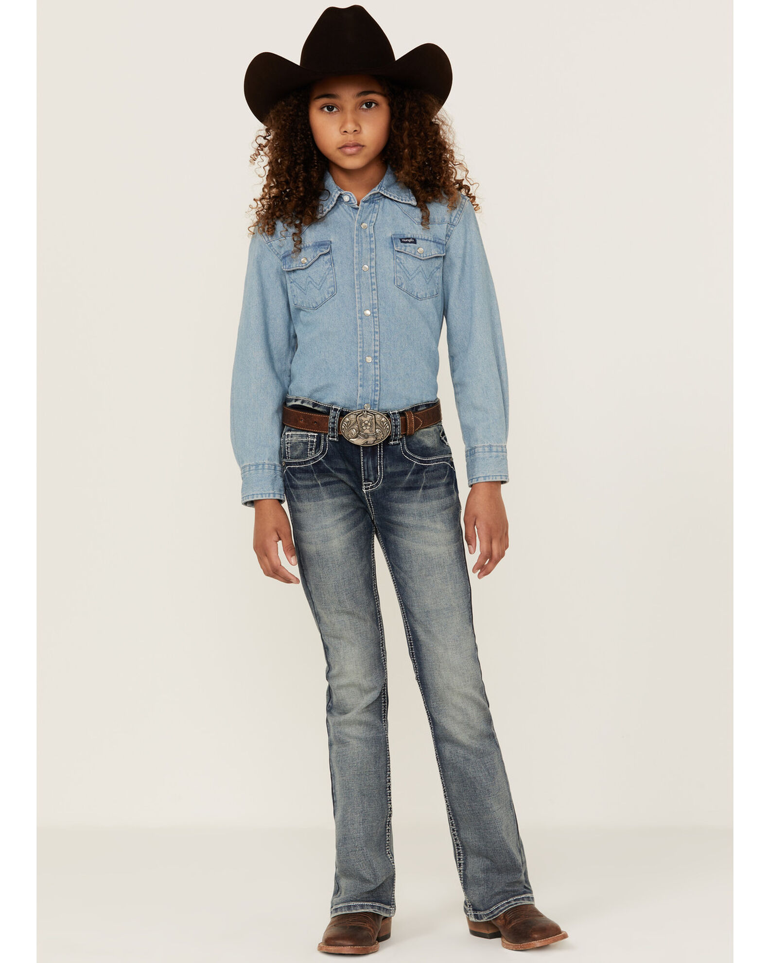 Shyanne Little Girls Medium Wash Geo Embroidered Pocket Bootcut Jeans