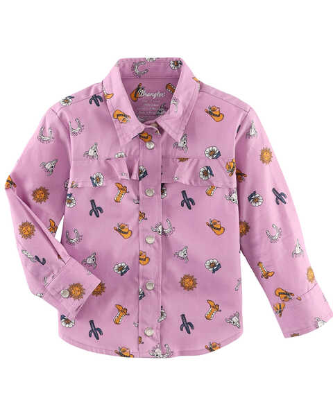 Wrangler Girls Conversation Print Long Sleeve Pearl Snap Western Shirt, Purple, hi-res