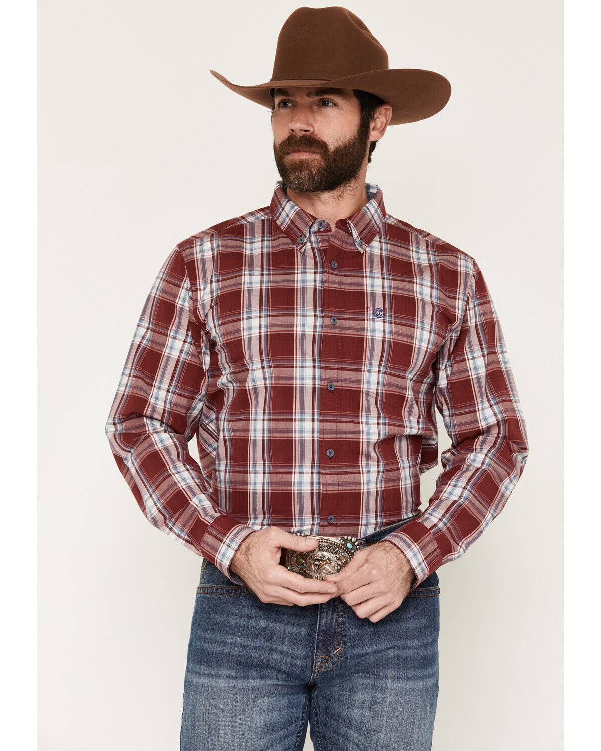 Cody James Men's Ruby Red Plaid Print Long Sleeve Button-Down Stretch Western Shirt, Burgundy, hi-res