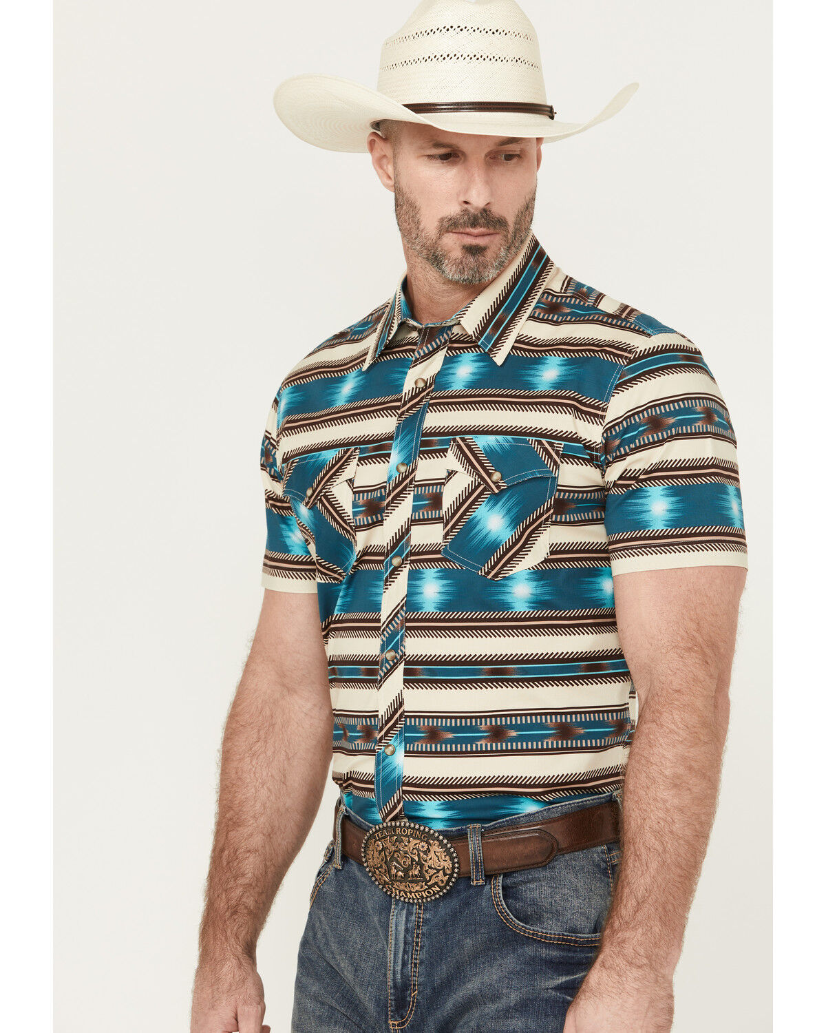 Image #2 - Rock & Roll Denim Men's Southwestern Striped Short Sleeve Snap Stretch Western Shirt, Turquoise, hi-res