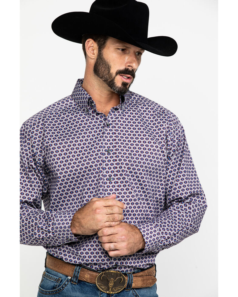 Tuf Cooper Men's Burgundy Stretch Geo Poplin Print Long Sleeve Western Shirt , Burgundy, hi-res
