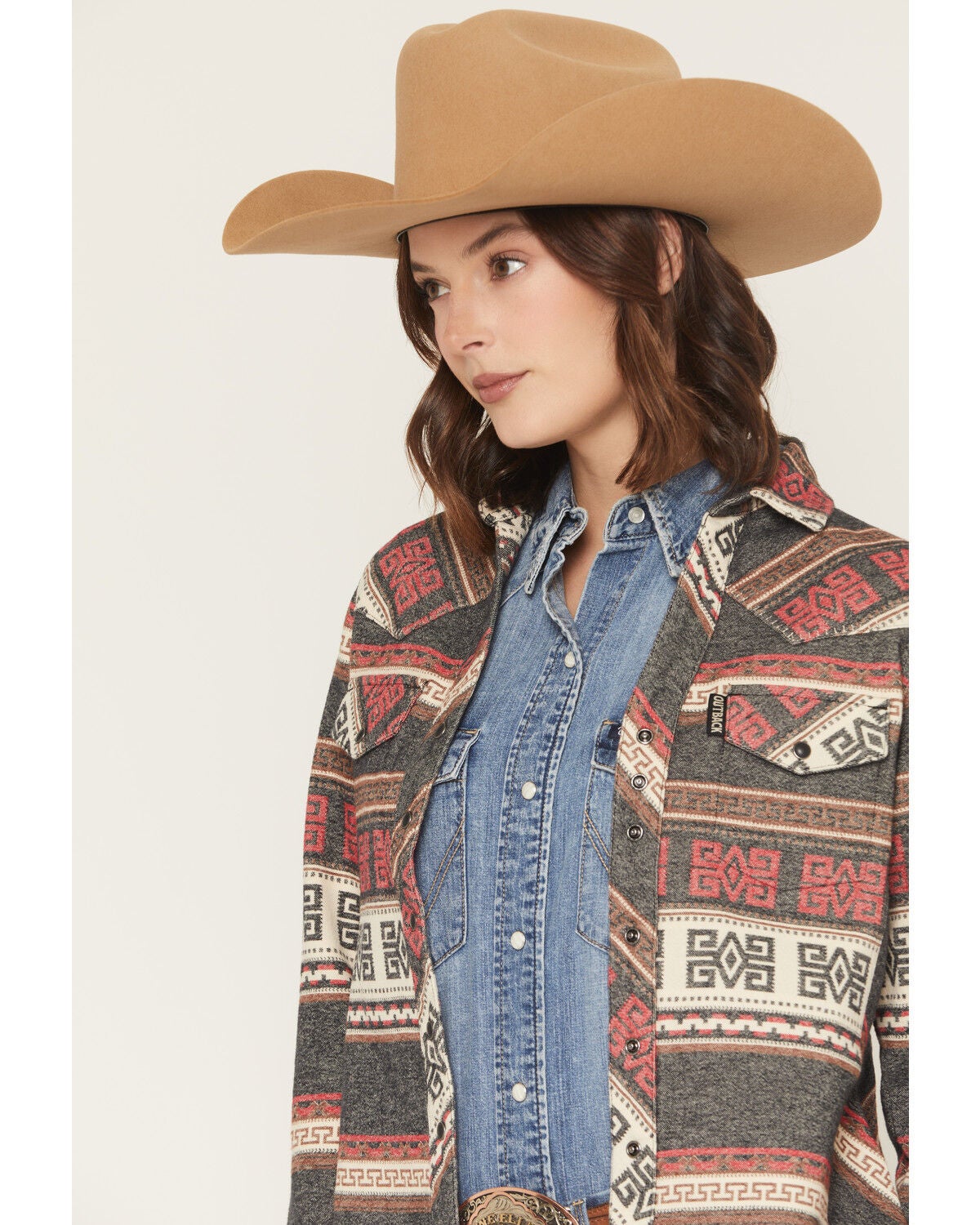 Image #2 - Outback Trading Co Women's Lorelei Southwestern Print Long Sleeve Snap Performance Shirt, Red, hi-res