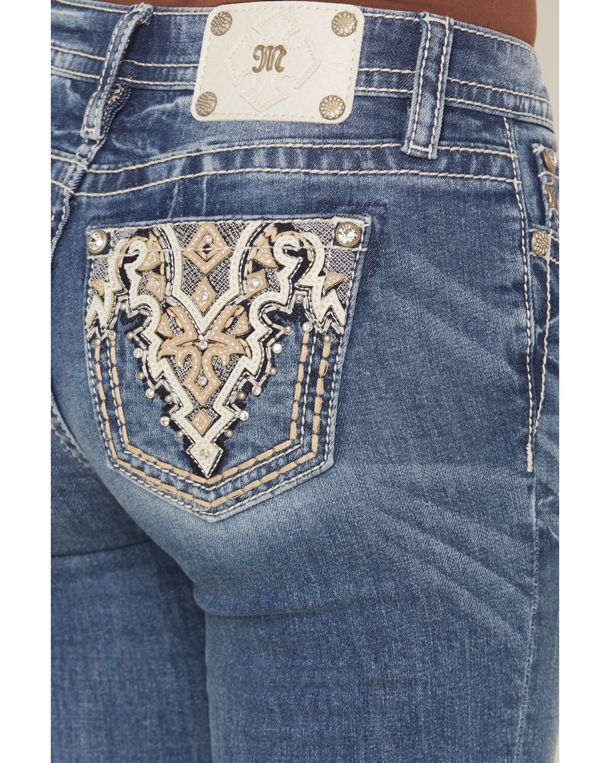 Image #2 - Miss Me Women's Medium Wash Mid Rise Geo Pocket 32" Bootcut Stretch Denim Jeans, Medium Wash, hi-res