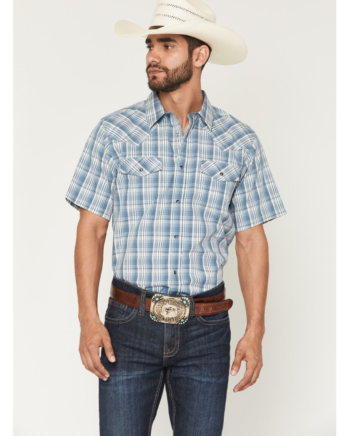 Cody James Men's Briggs Plaid Print Short Sleeve Snap Western Shirt - Tall, Blue, hi-res