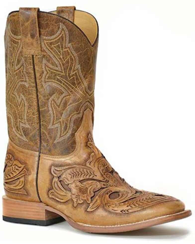 Stetson Men's Handtooled Wicks Filigree Vamp Western Boots - Wide Square Toe , Brown, hi-res