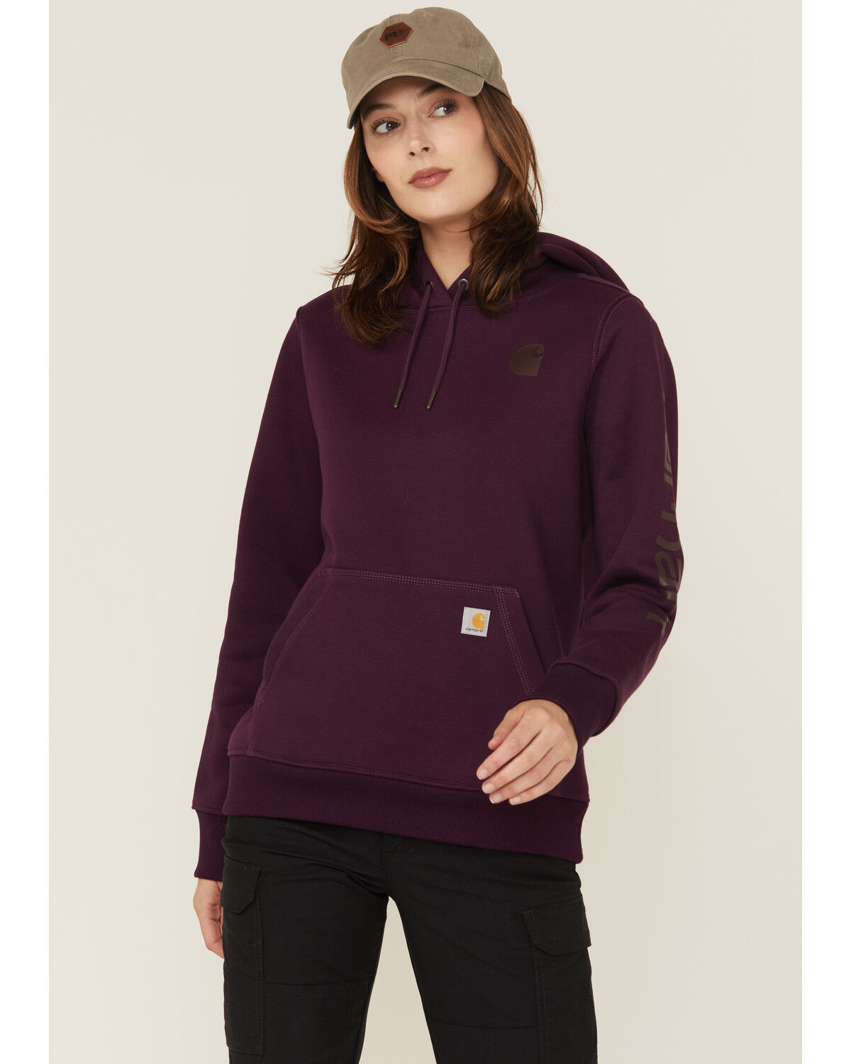 Image #1 - Carhartt Women's Relaxed Fit Midweight Logo Graphic Hoodie, Purple, hi-res