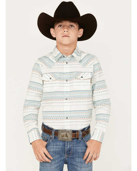 Cody James Boys' Stripe Print Long Sleeve Snap Western Shirt, Cream, hi-res