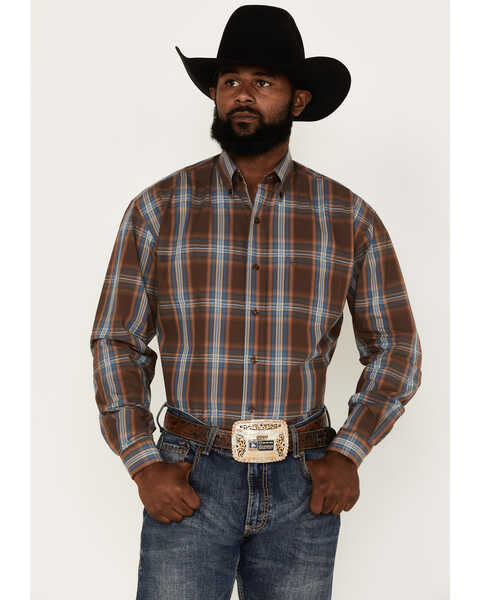 Stetson Men's Large Plaid Print Long Sleeve Button Down Shirt, Brown, hi-res