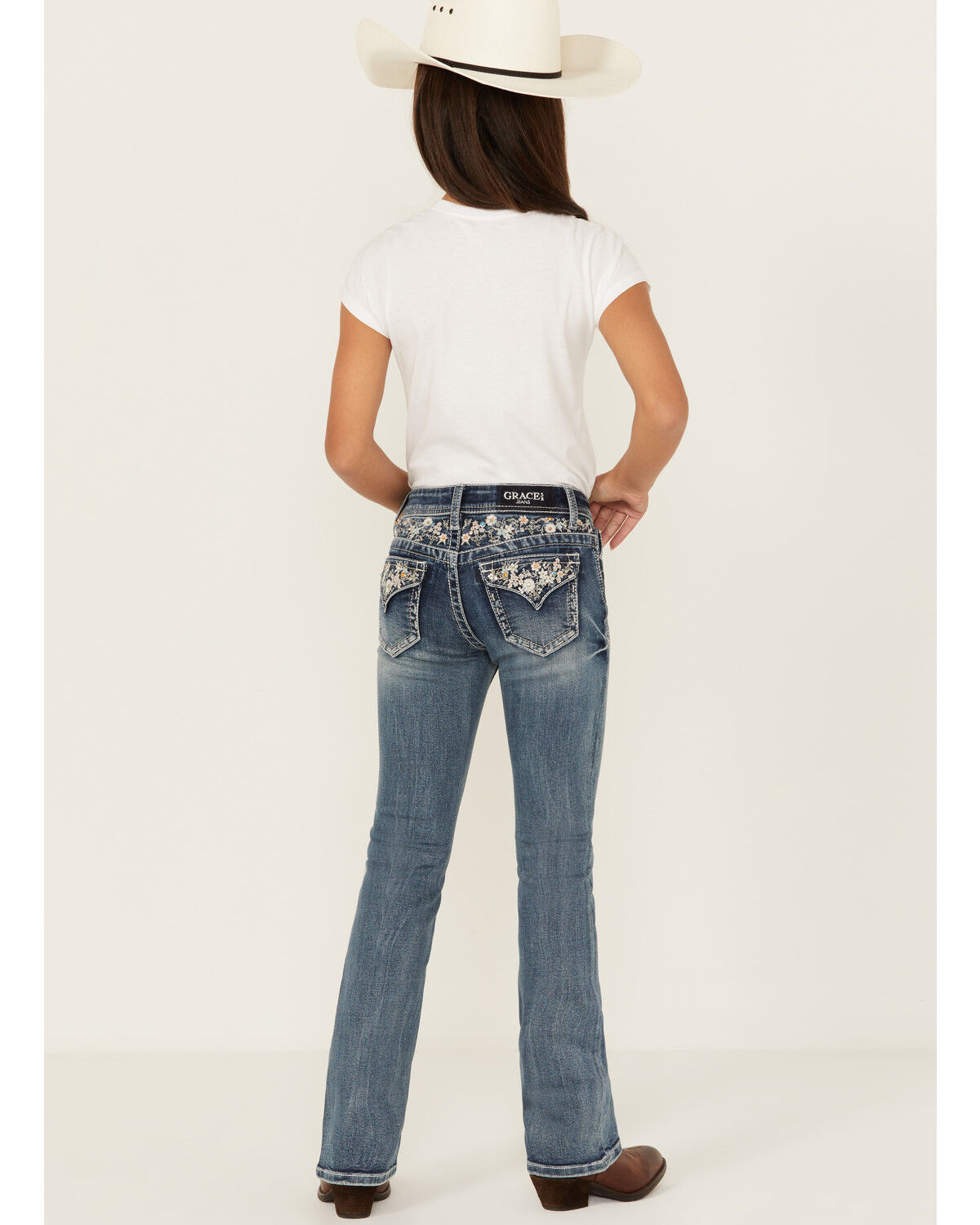 Image #1 - Grace in LA Girls' Medium Wash Floral Embroidered Stretch Bootcut Jeans, Medium Wash, hi-res