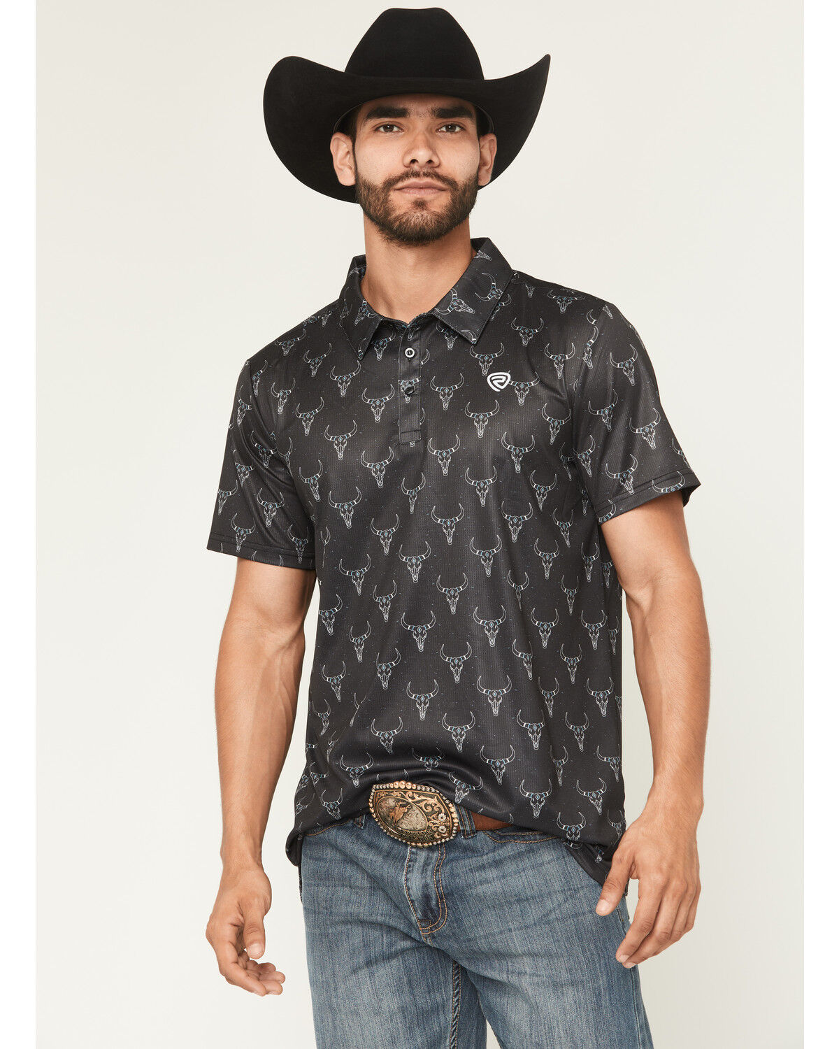 Image #1 - Rock & Roll Denim Men's Longhorn Print Short Sleeve Button-Down Stretch Polo, Black, hi-res