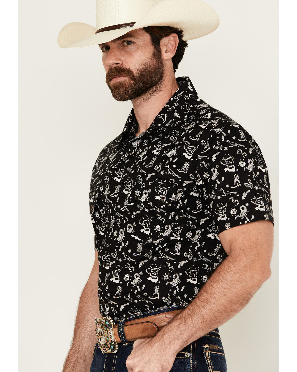 Image #2 - Rock & Roll Denim Men's Tattoo Print Short Sleeve Pearl Snap Stretch Western Shirt, Black, hi-res