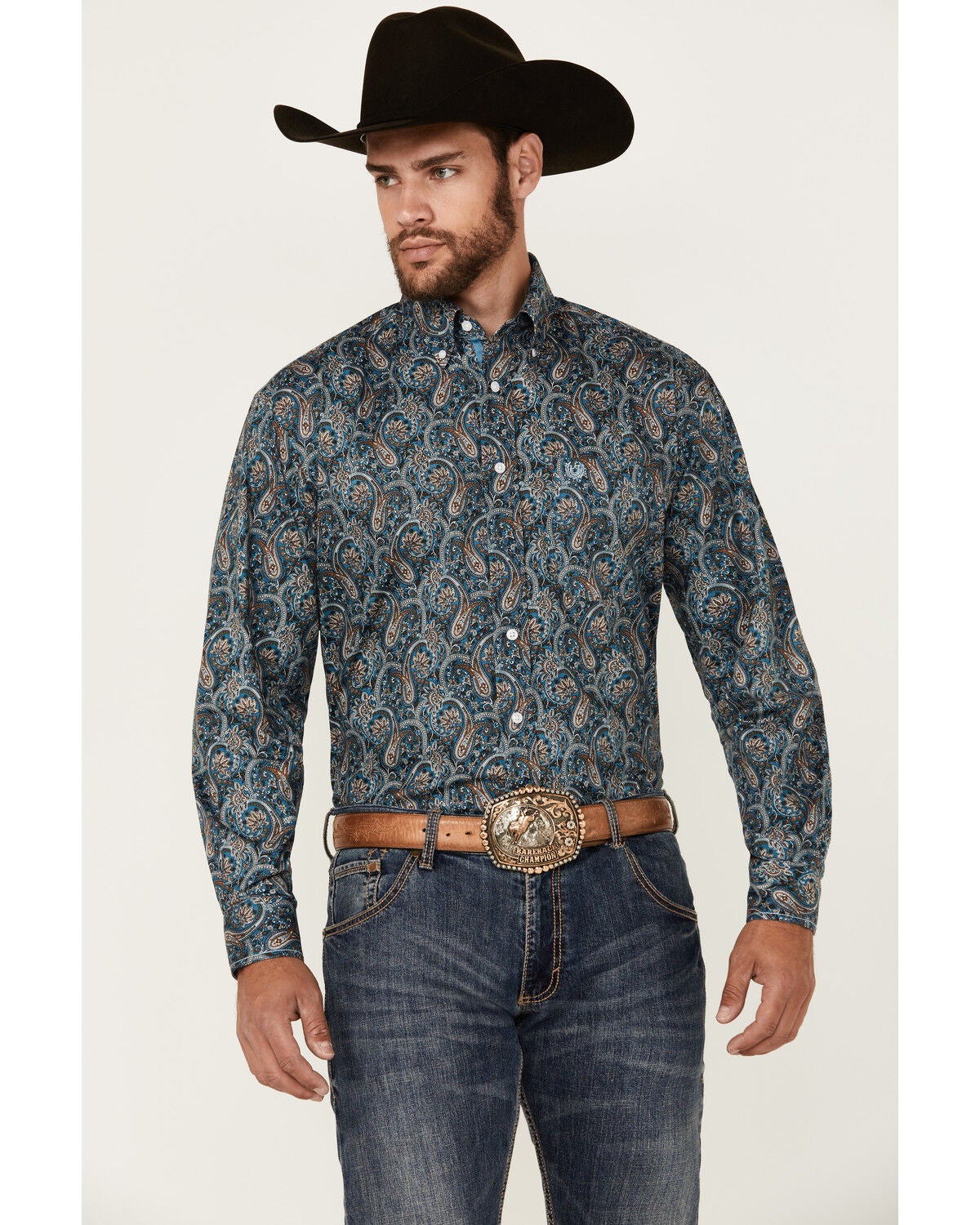 Rough Stock by Panhandle Men's Paisley Print Long Sleeve Button-Down Western Shirt, Navy, hi-res