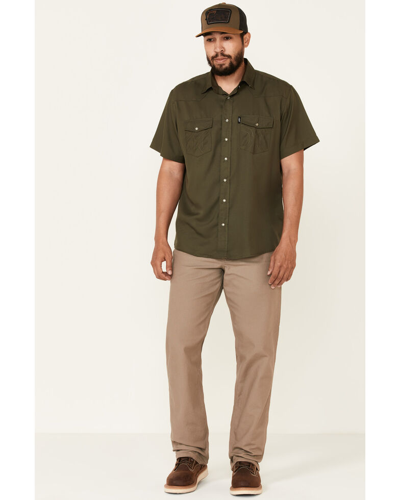 HOOey Men's Solid Olive Habitat Sol Short Sleeve Snap Western Shirt , Olive, hi-res