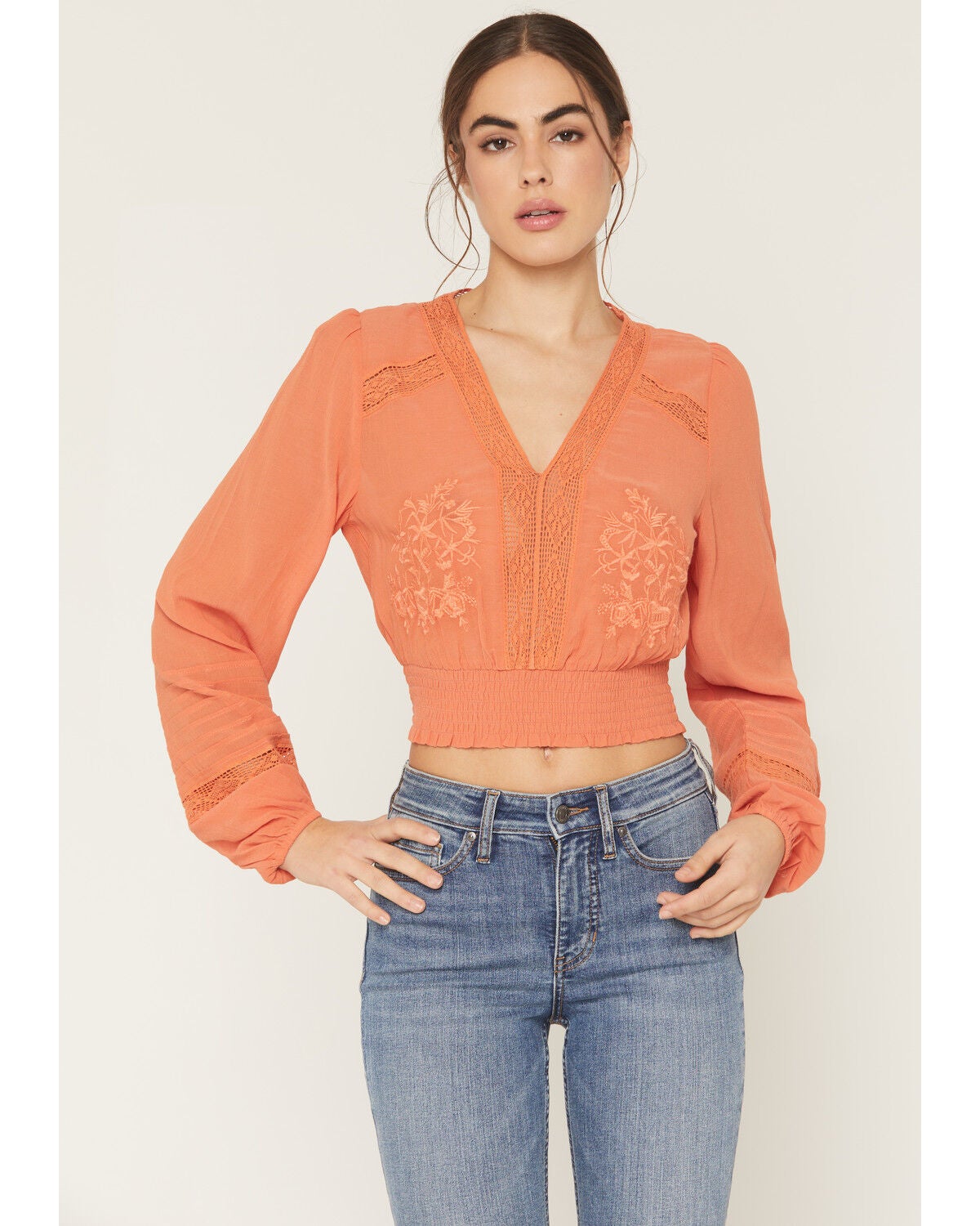 Shyanne Women's Embroidered Smocked Long Sleeve Shirt, Coral, hi-res