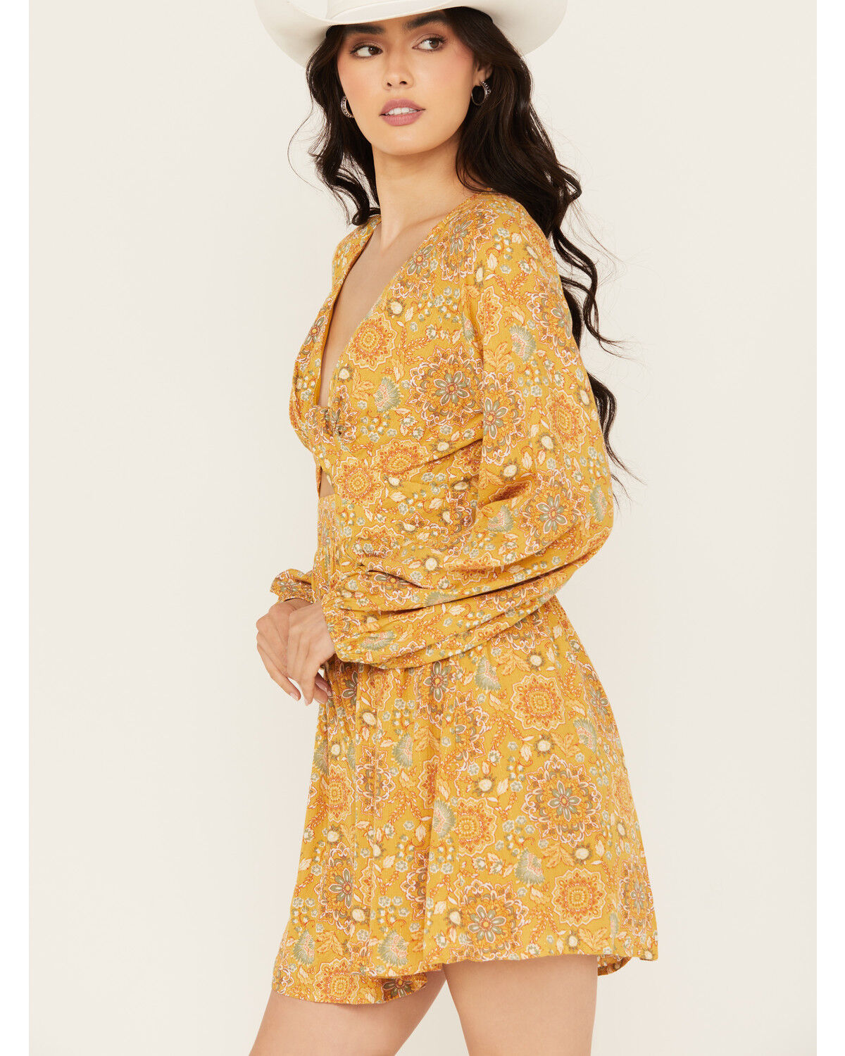 Image #2 - En Creme Women's Medallion Print Cut Out Long Sleeve Mini Dress, Mustard, hi-res