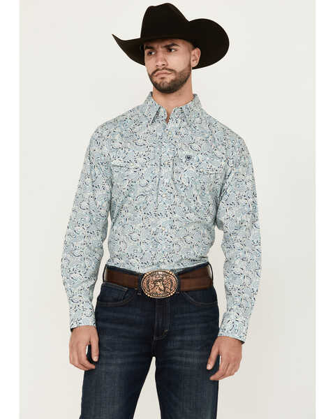 Ariat Men's Emery Paisley Print Long Sleeve Pearl Snap Western Shirt , Light Blue, hi-res