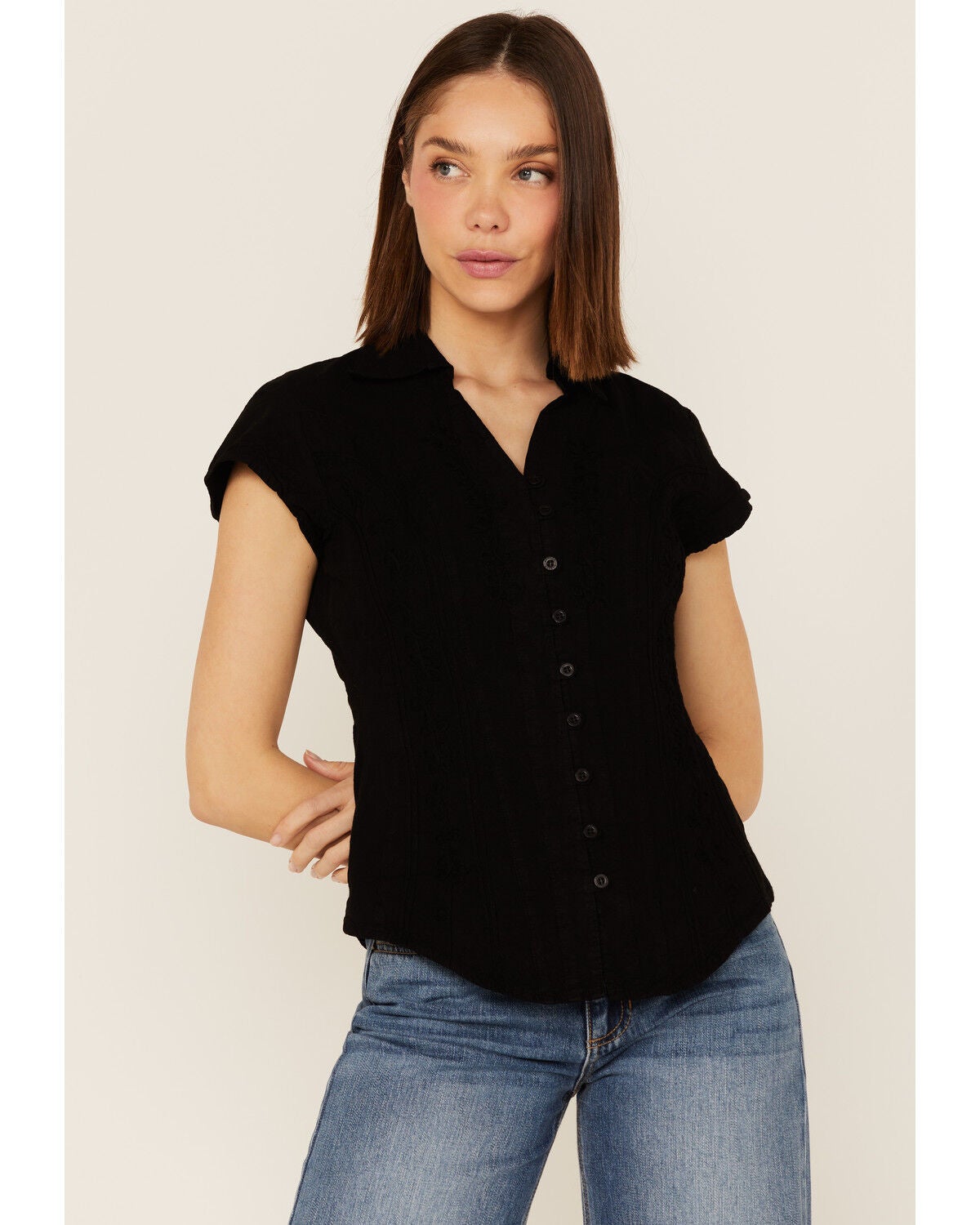 Image #2 - Scully Women's Cap Sleeve Peruvian Cotton Top, Black, hi-res