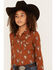Image #2 - Roper Girls' Steer Head Skull Print Long Sleeve Pearl Snap Western Shirt, Brown, hi-res