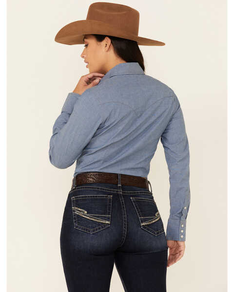 Image #4 - Wrangler Women's Solid Chambray Denim Long Sleeve Snap Western Core Shirt , Blue, hi-res
