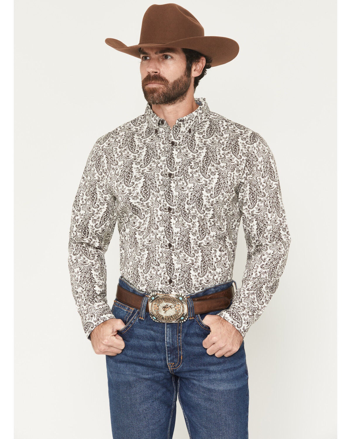 Cody James Men's Dagget 2.0 Paisley Print Long Sleeve Button-Down Stretch Western Shirt, Brown, hi-res