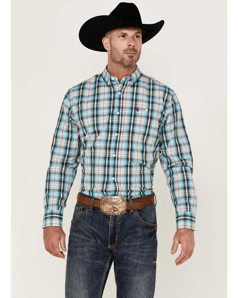 Rodeo Clothing Men's Plain Turquiose Plaid Long Sleeve Button-Down Western Shirt , Turquoise, hi-res